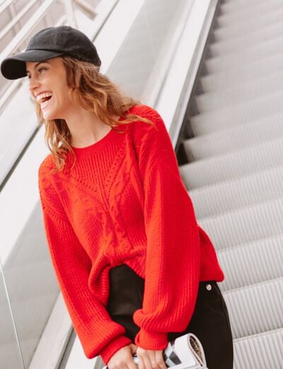 Pull col rond manches longues rouge femme