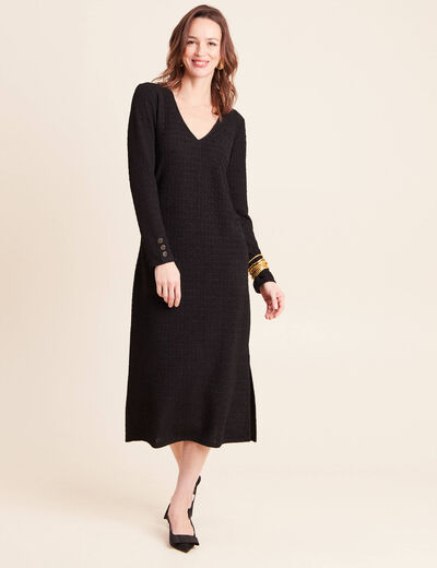 Robe col v manches longues noir femme