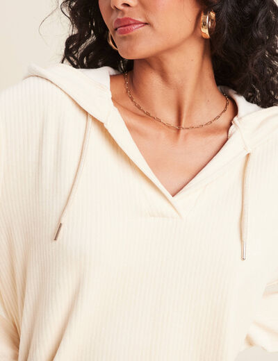 Sweat velours à capuche ivoire femme