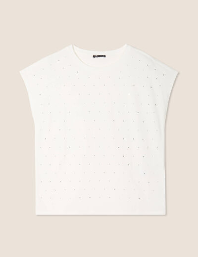 T-shirt manches courtes strass ecru femme
