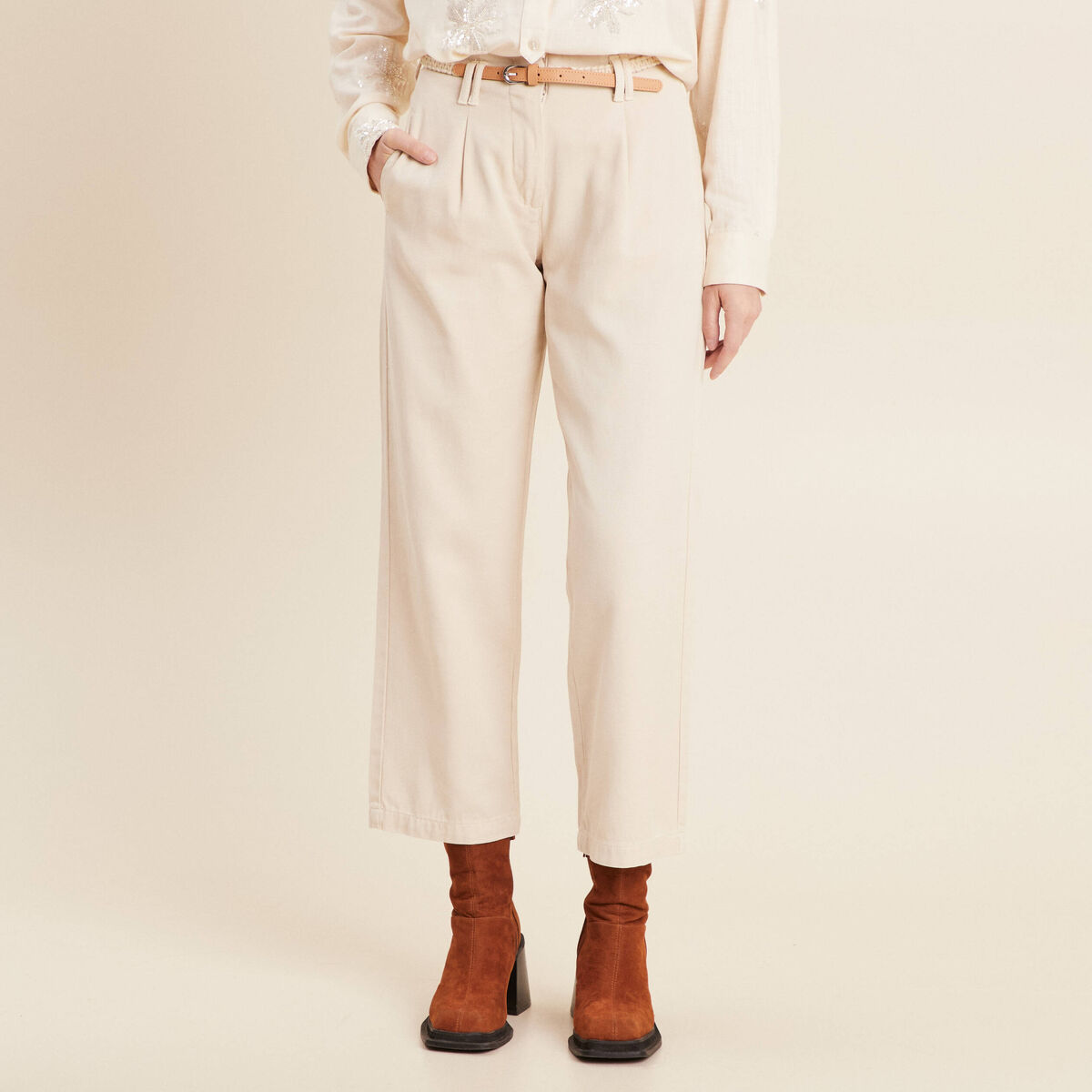 Pantalon large 7/8ème à pinces ivoire femme
