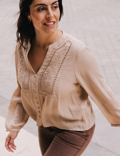 Chemise ample courte avec broderie sable femme