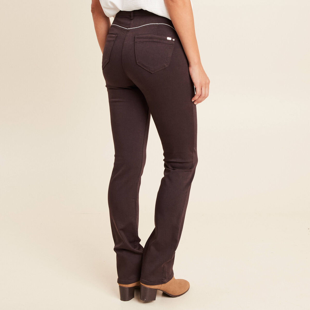 Pantalon droit taille haute marron fonc&eacute; femme