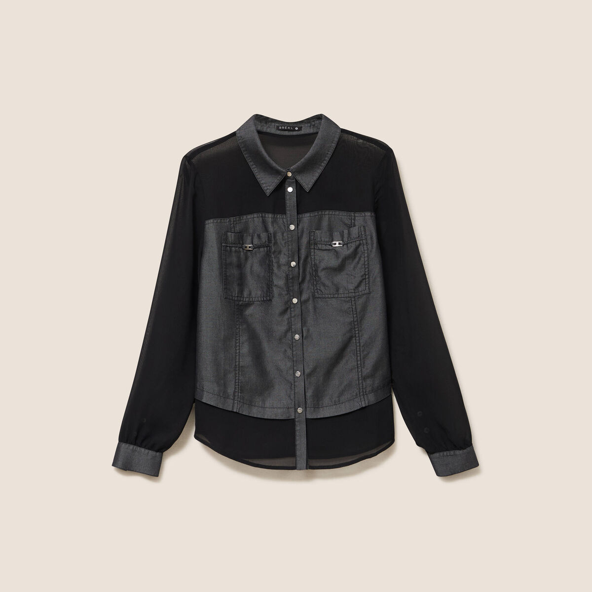 Chemise bi-mati&egrave;re manches longues denim gris femme