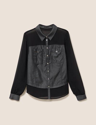 Chemise bi-mati&egrave;re manches longues denim gris femme