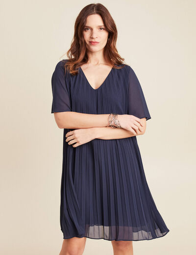 Robe droite plissée bleu marine femme