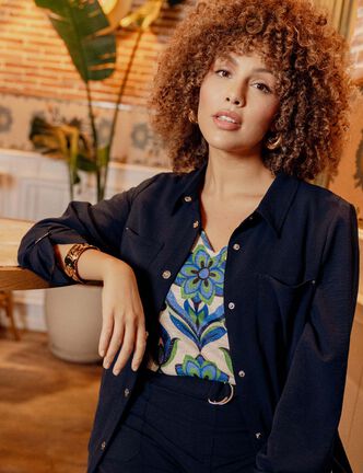Veste cintr&eacute;e boutonn&eacute;e bleu fonc&eacute; femme