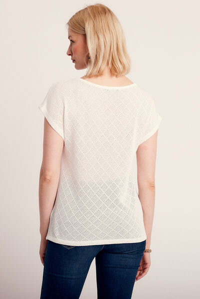 T-shirt manches courtes ajouré ecru femme