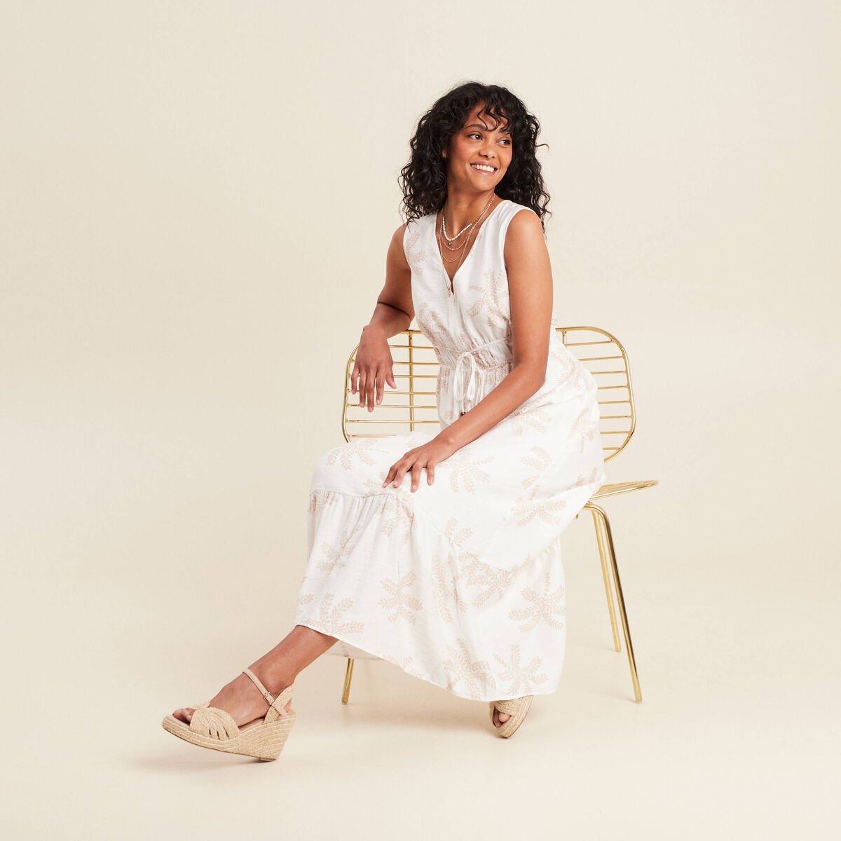 robe évasée col V doublée beige femme
