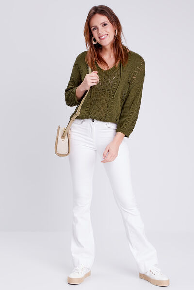 Pull à manches 3/4 vert olive femme