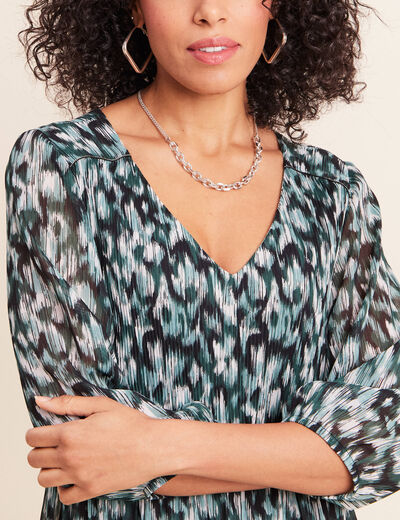 Robe courte &eacute;vas&eacute;e pliss&eacute;e col v vert femme