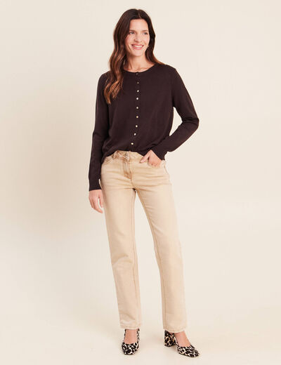 Gilet manches longues col rond marron fonc&eacute; femme