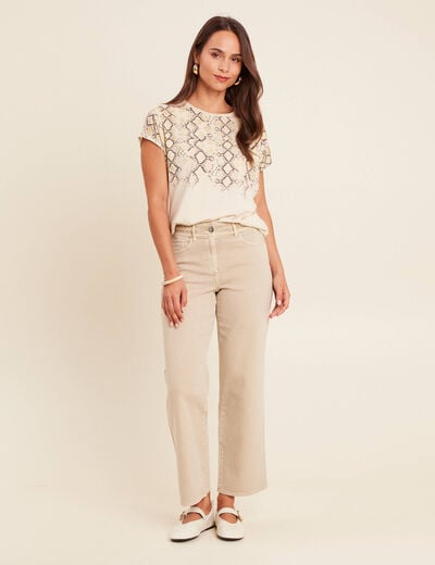Jean coupe large 7/8&egrave;me taille haute denim beige femme