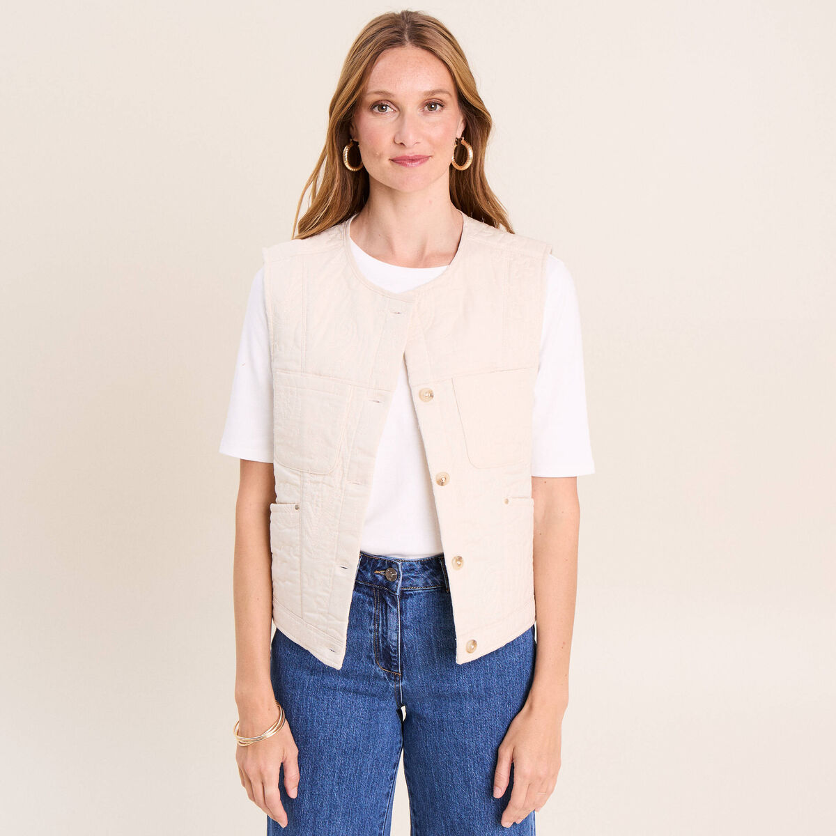 Gilet sans manches doubl&eacute; coton ecru femme