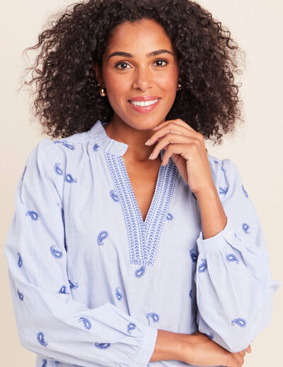 Blouse ample manches longues fluide bleu femme