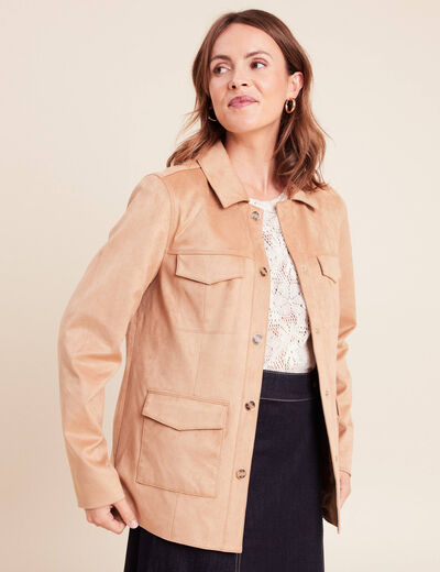 Veste droite longue aspect daim marron clair femme