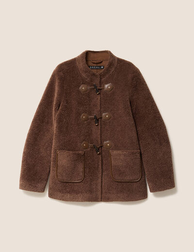 Manteau droit court en bouclette marron fonc&eacute; femme