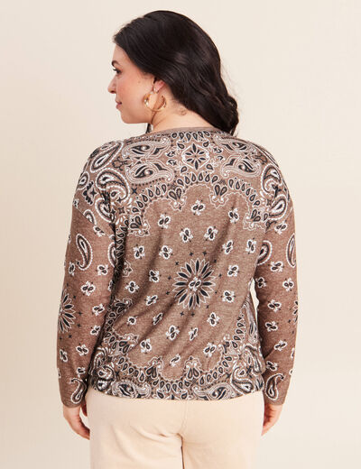 Pull col rond manches longues strass marron femme