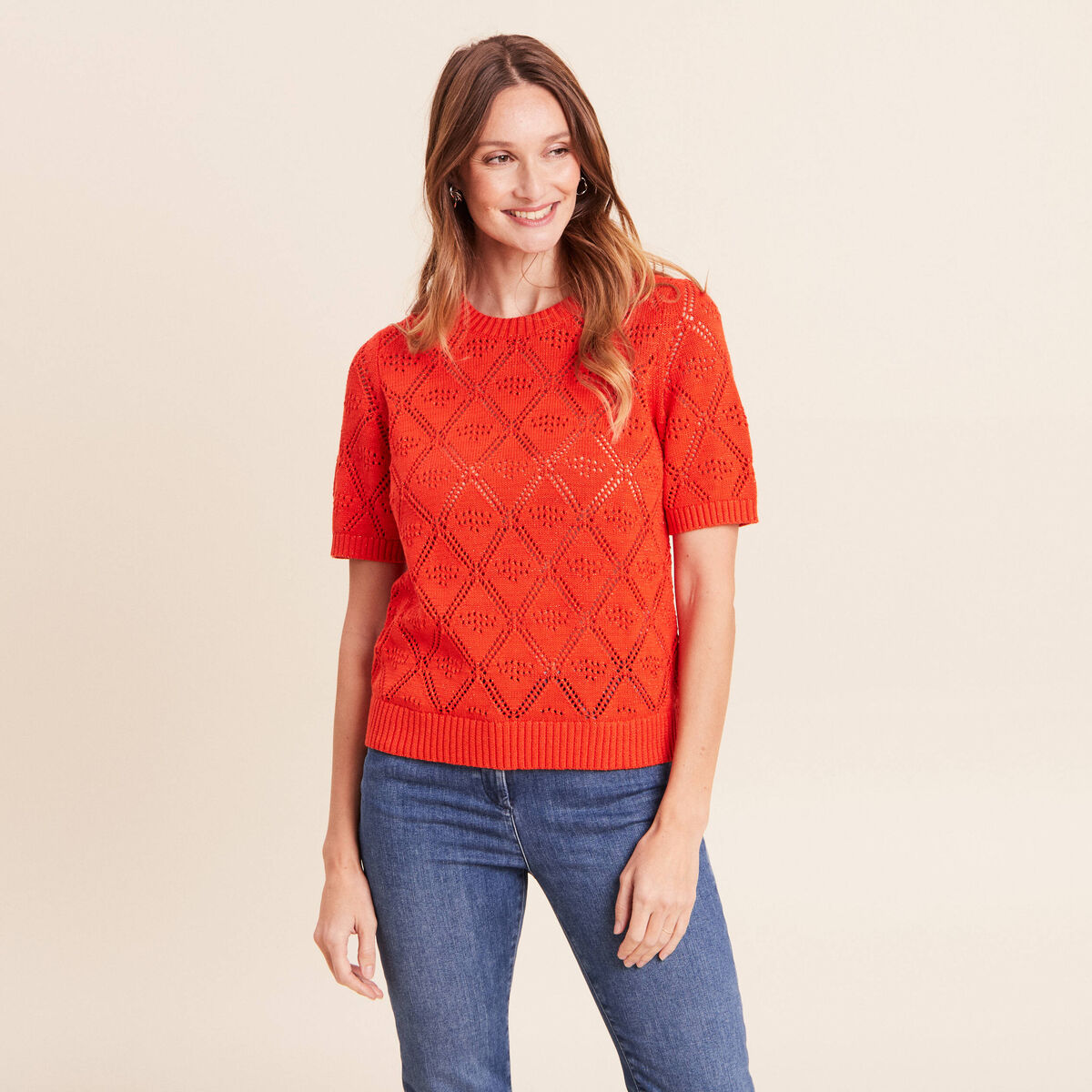 Pull droit court manches courtes orange fonc&eacute; femme