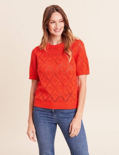 Pull droit court manches courtes orange fonc&eacute; femme