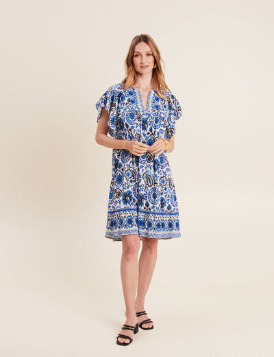 Robe évasée col tunisien bleu femme