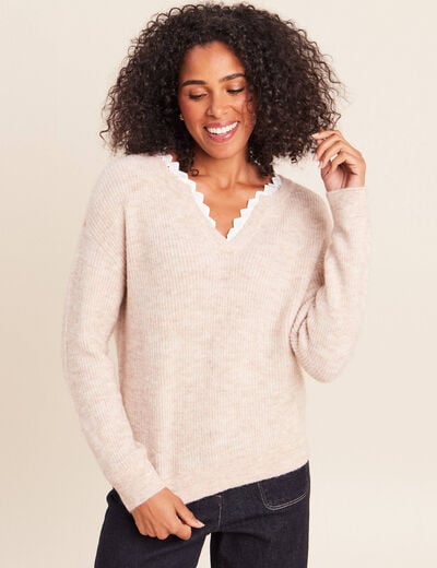 Pull col v beige femme