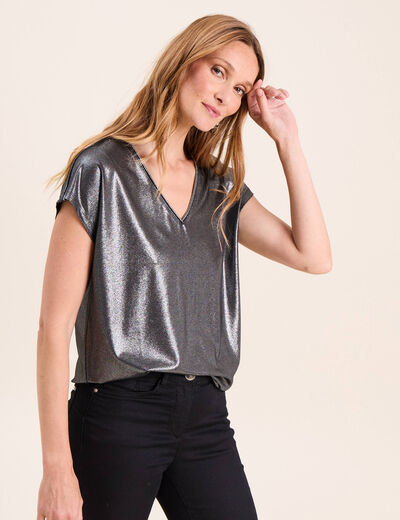 T-shirt col V manches courtes noir femme