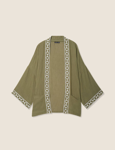 Veste esprit kimono brodée vert kaki femme