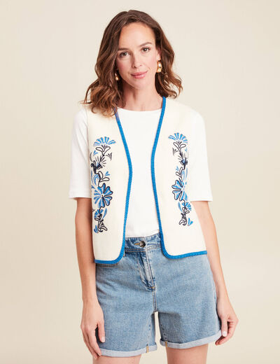 Gilet sans manches brodé tressé ecru femme