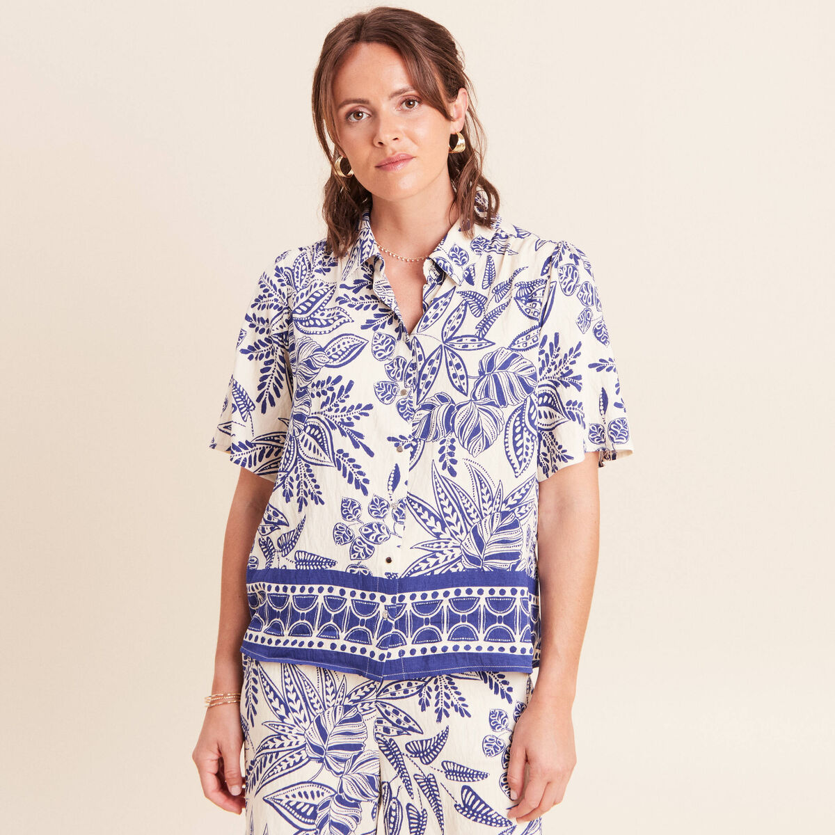 Chemise fluide manches courtes bleu femme