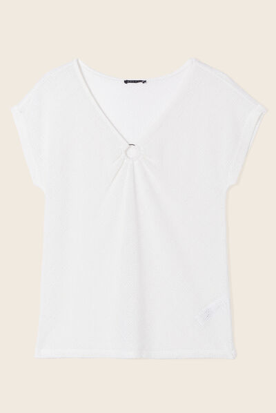 T-shirt manches courtes ajouré ecru femme
