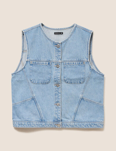 Veste cintr&eacute;e sans manches en jean denim double stone femme