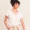 T-shirt col v manches courtes aspect lin beige femme