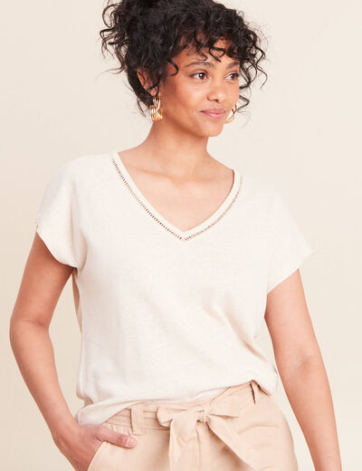 T-shirt col v manches courtes aspect lin beige femme