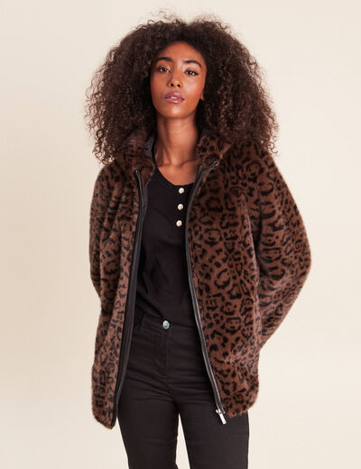 Manteau en fausse fourrure &agrave; capuche marron femme