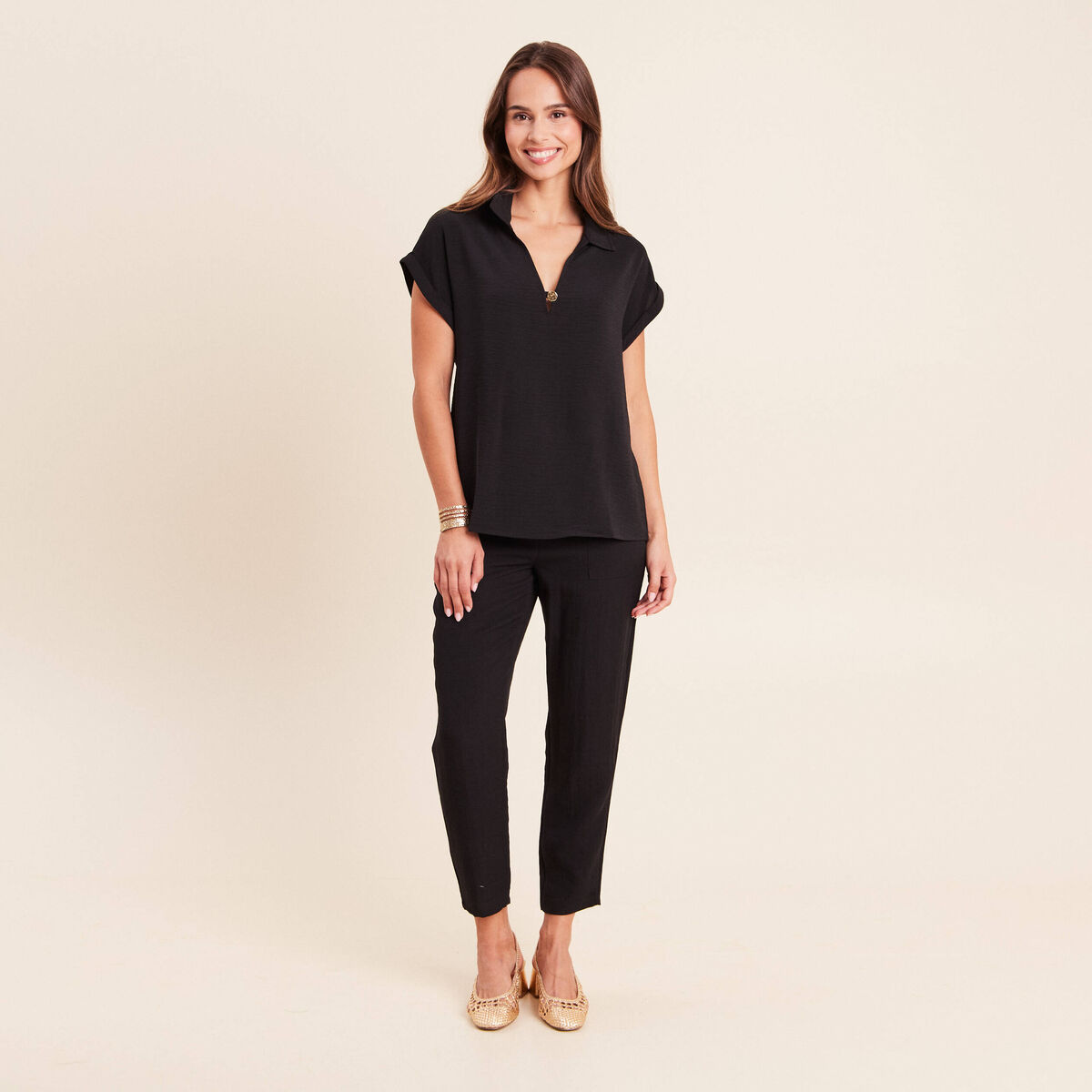 Pantalon mom 7/8&egrave;me en coton noir femme