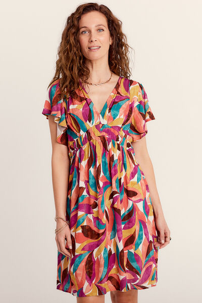 Robe évasée détail smocké beige femme