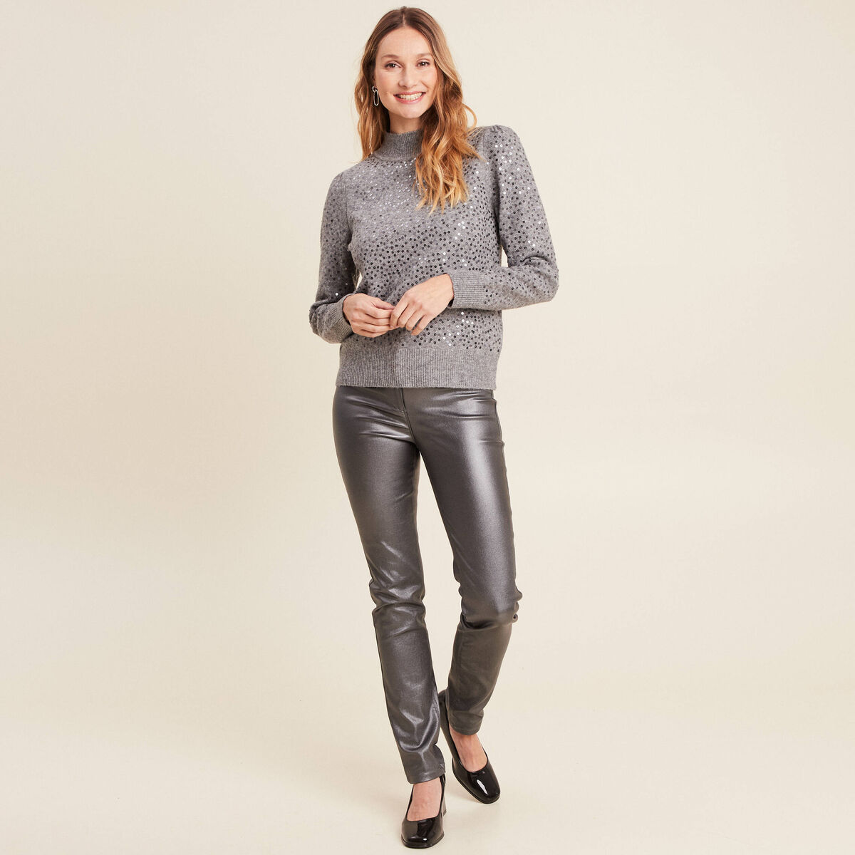 Pull manches longues sequins gris clair femme