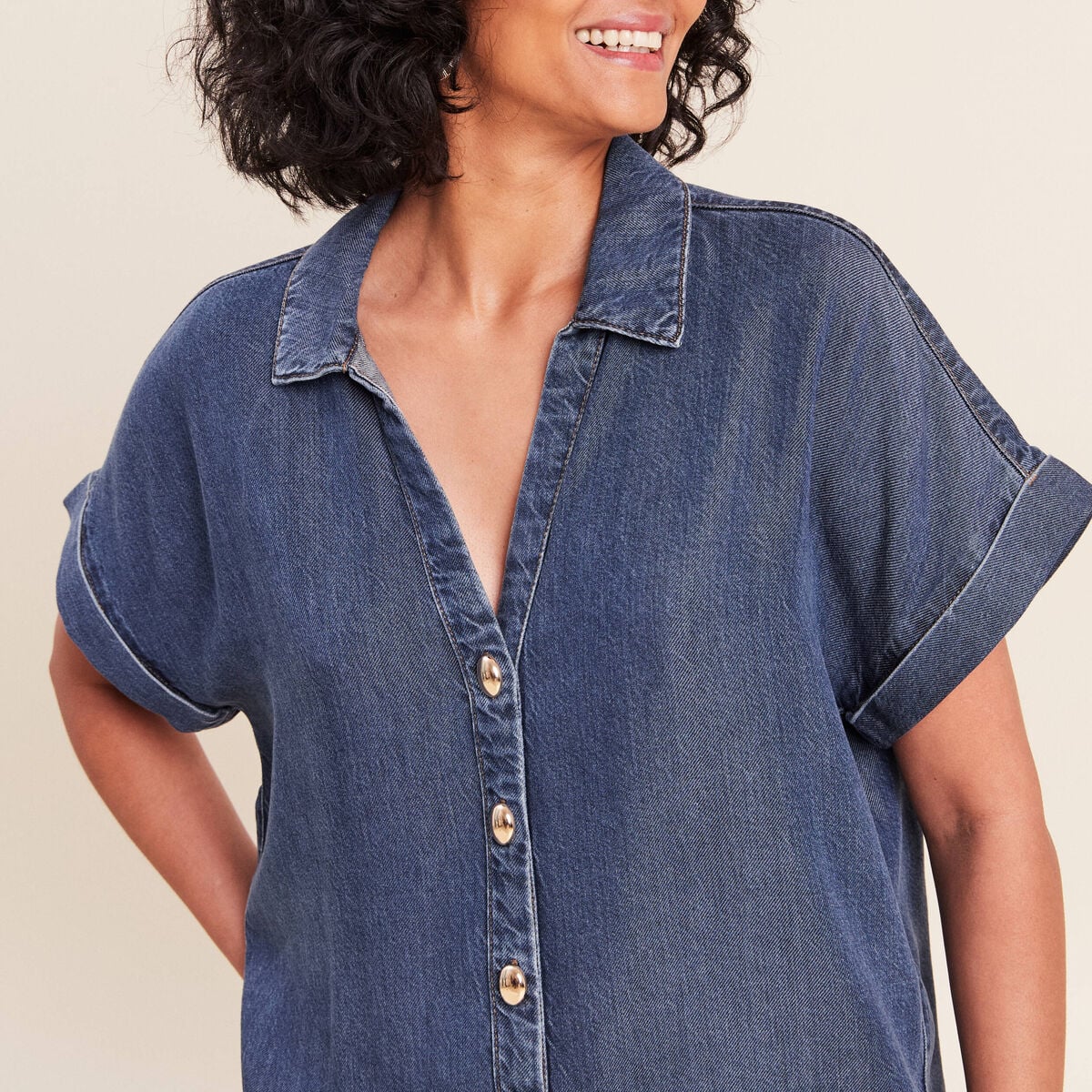 Chemise col chemise manches courtes denim double stone femme
