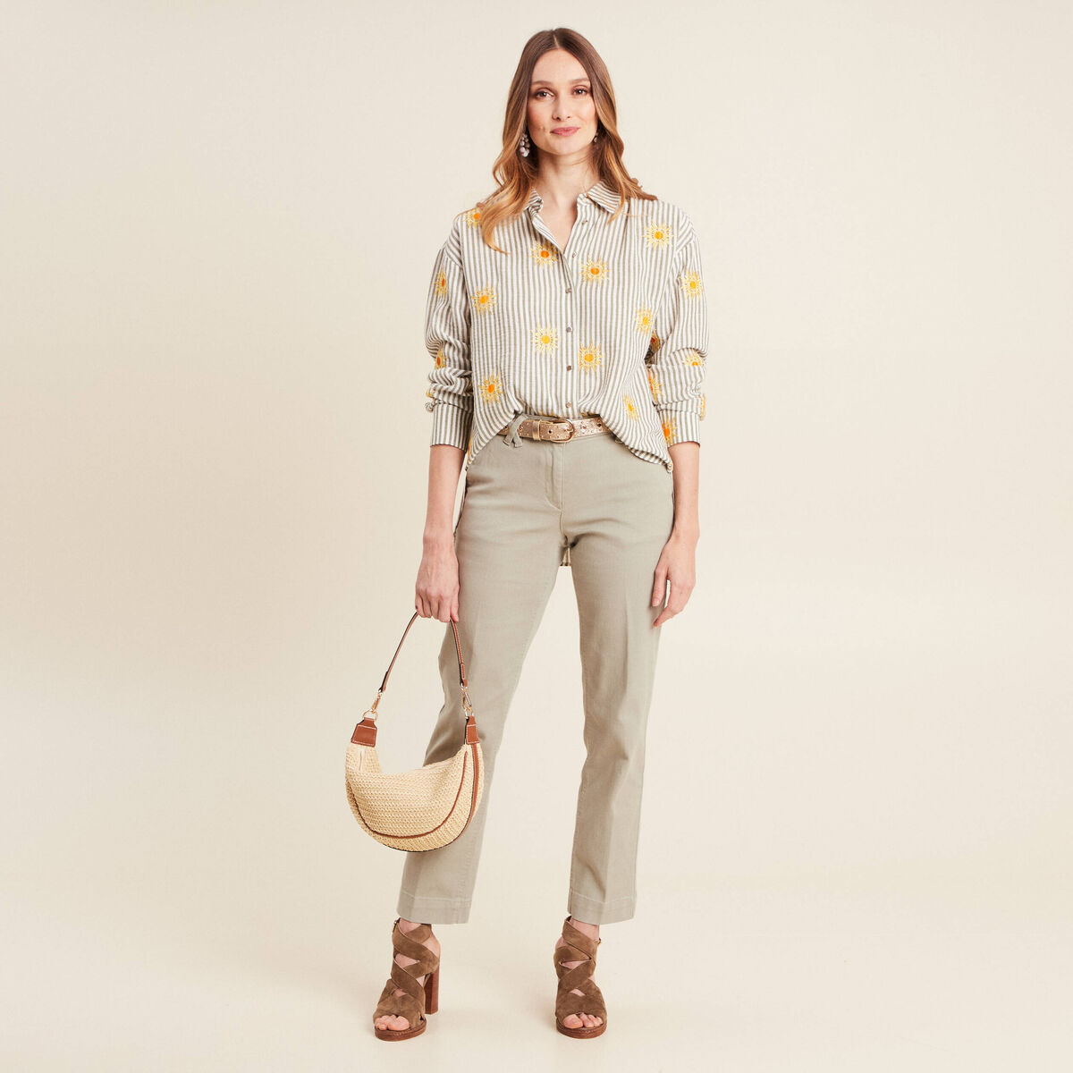 Chemise manches longues brodée jaune femme