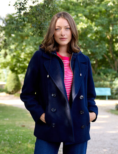 Caban doubl&eacute; avec capuche bleu marine femme