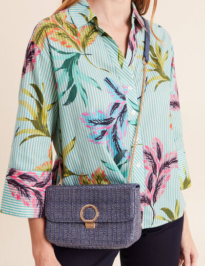 Sac raphia bandouli&egrave;re cha&icirc;ne bleu fonc&eacute; femme