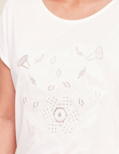 T-shirt col rond manches courtes brod&eacute; ecru femme