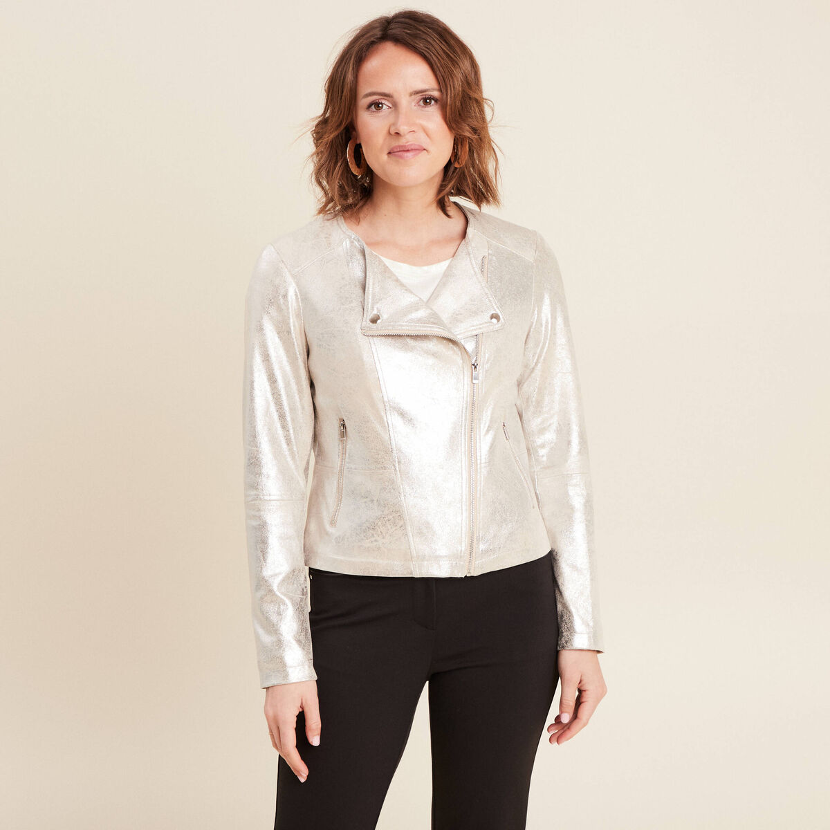 Veste droite zippée couleur argent femme