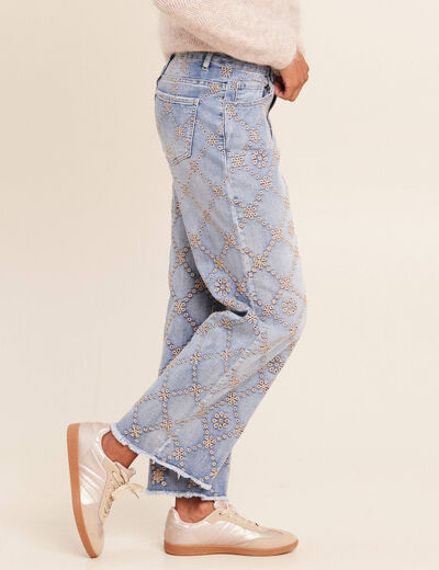 Jean taille haute avec broderie blanc femme