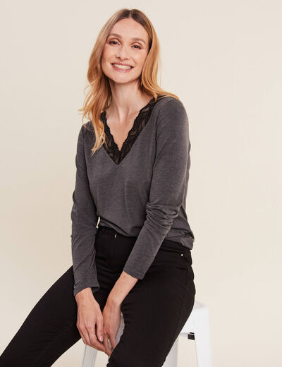 T-shirt thermo-douceur manches longues gris foncé femme