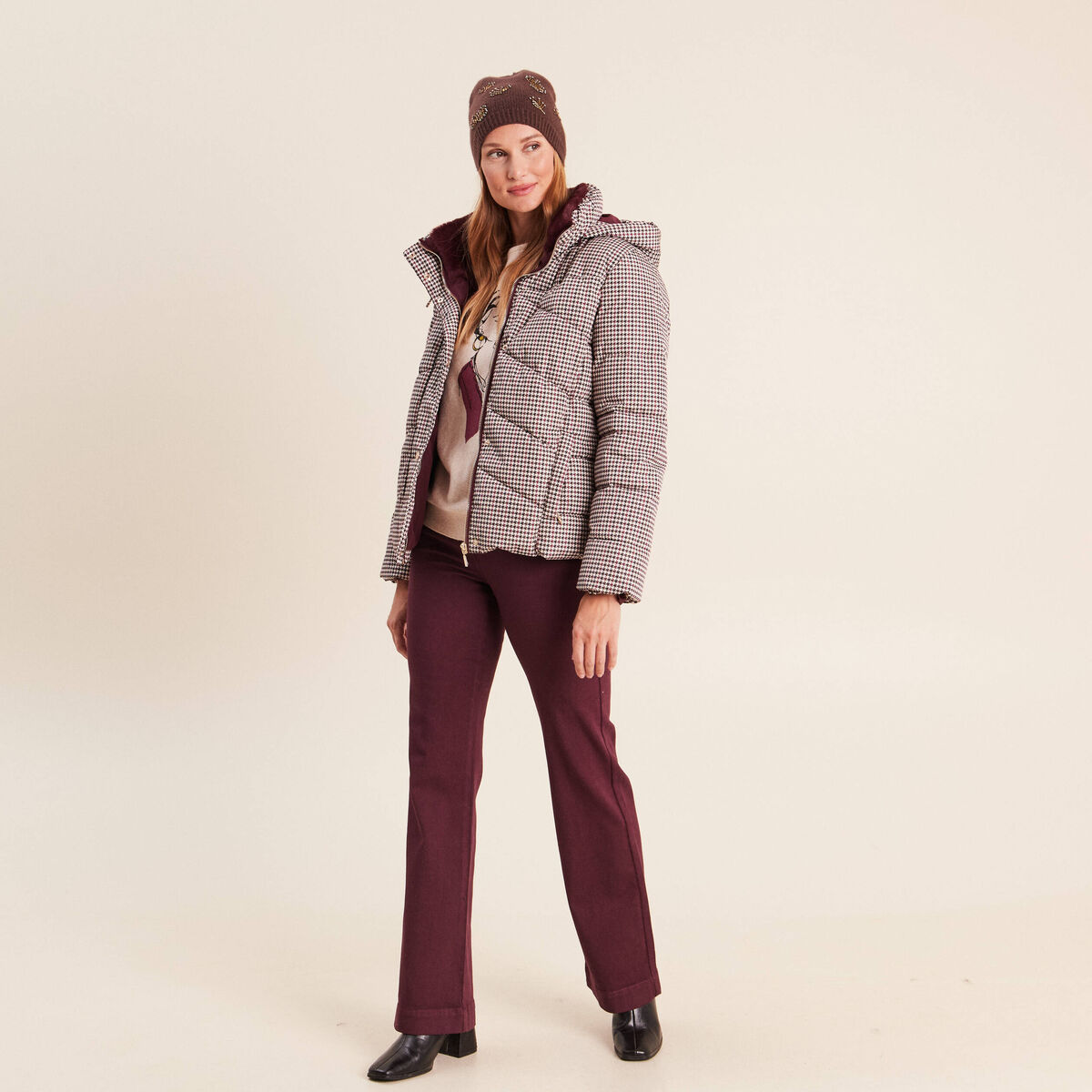 Pantalon coupe bootcut &agrave; pont prune femme