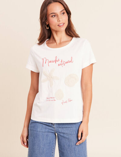 T-shirt col rond manches courtes ecru femme