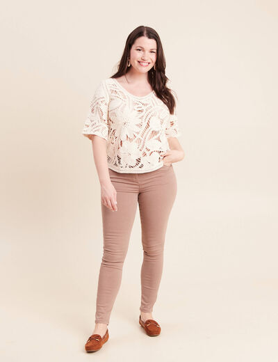 Pull col v manches courtes dentelle ecru femme