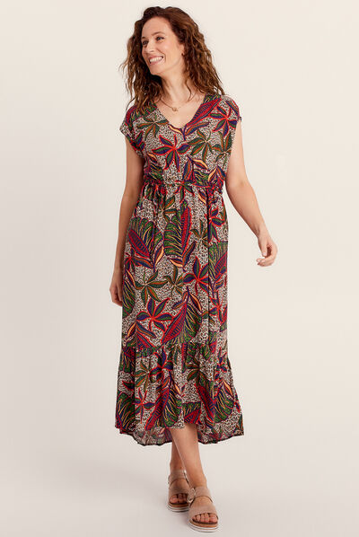 Robe longue évasée col en V multicolore femme